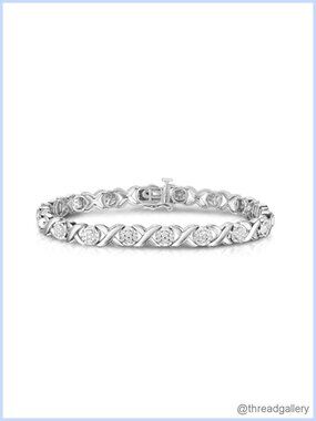 1/4 Cttw Natural Diamond Tennis Bracelet Love Link XO Rhodium Plated Sterling